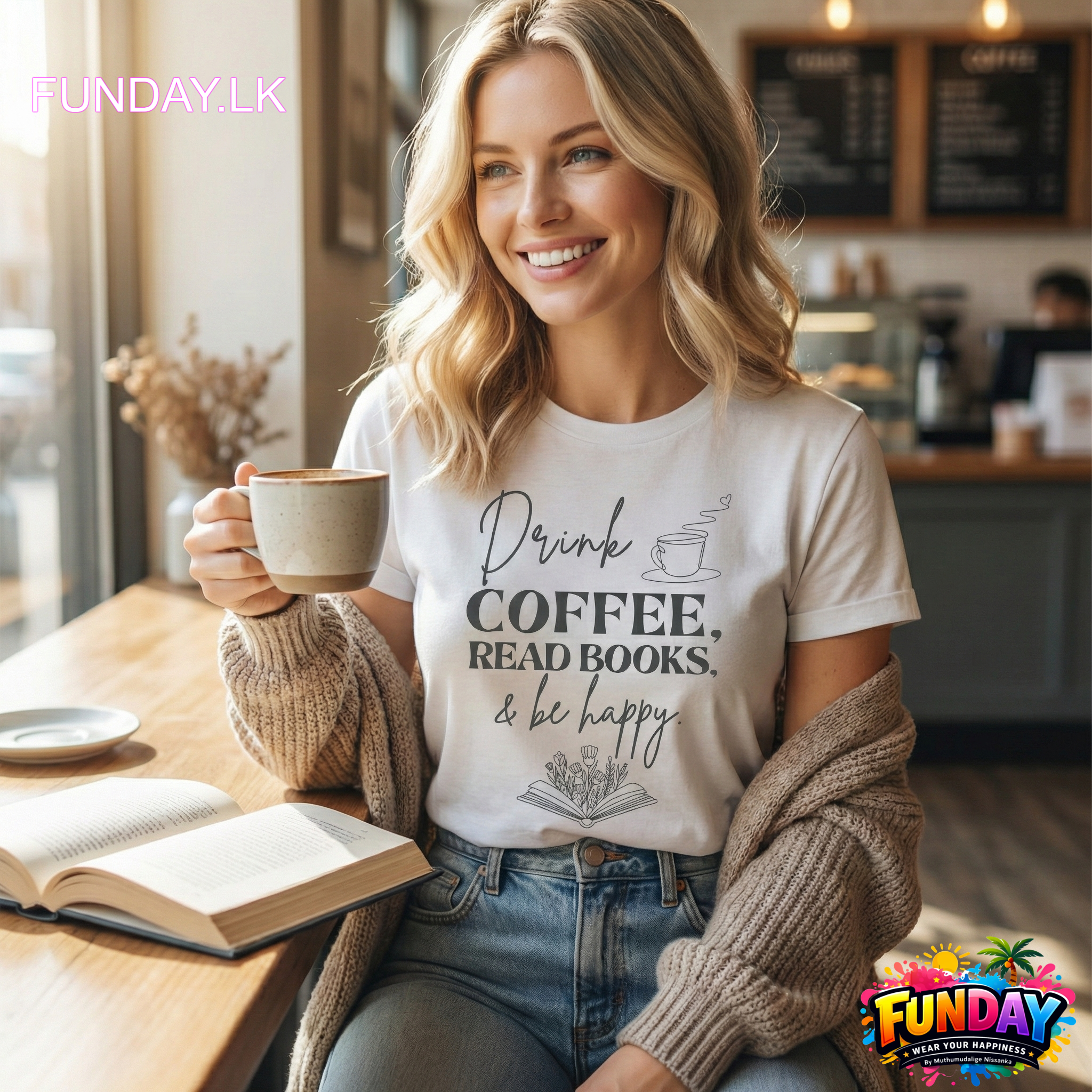 Drink coffee TShirt Design Best for girls who love to read by www.funday.lk